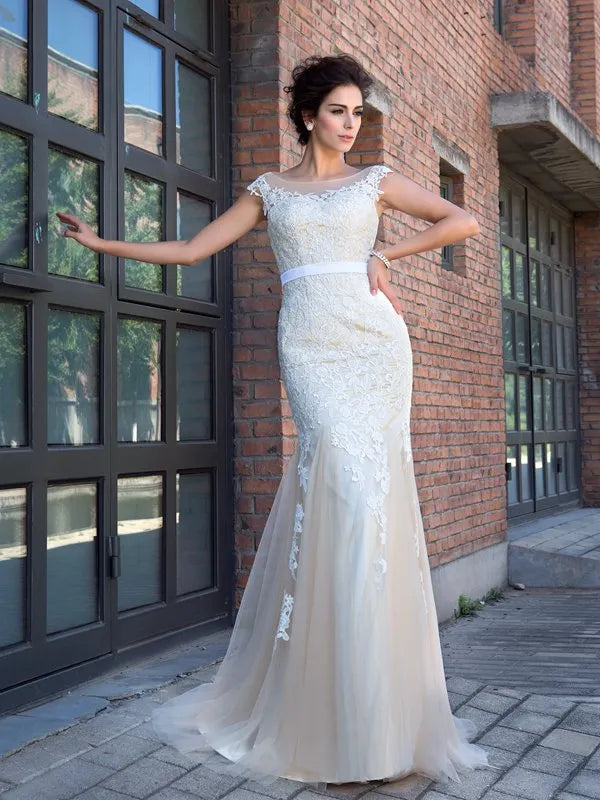 Romantic Champagne Lace Tulle Mermaid Illusion Neck Cap Sleeve V Back Train Wedding Dress