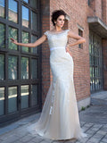Romantic Champagne Lace Tulle Mermaid Illusion Neck Cap Sleeve V Back Train Wedding Dress