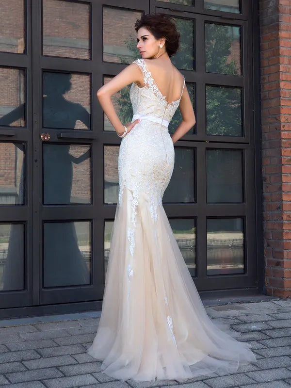 Romantic Champagne Lace Tulle Mermaid Illusion Neck Cap Sleeve V Back Train Wedding Dress