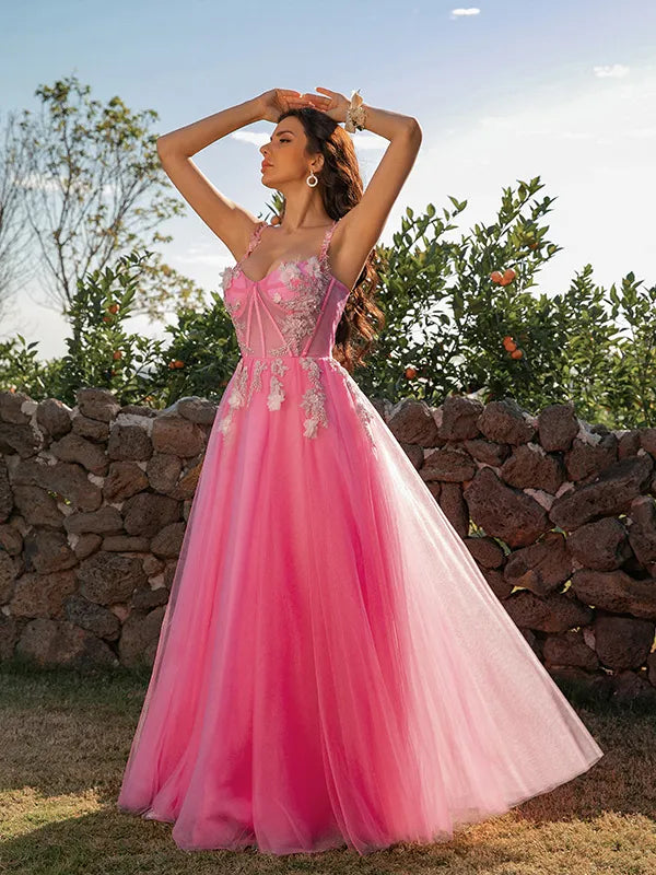 Dreamy Hot Pink Tulle A-Line Sweetheart Spaghetti Strap Solid Back Long Prom Dress