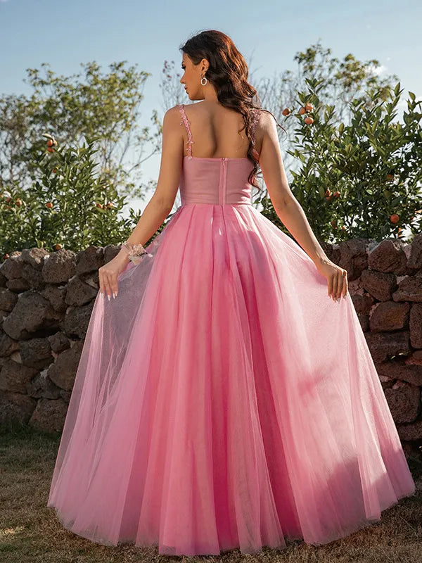 Dreamy Hot Pink Tulle A-Line Sweetheart Spaghetti Strap Solid Back Long Prom Dress
