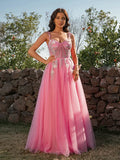 Dreamy Hot Pink Tulle A-Line Sweetheart Spaghetti Strap Solid Back Long Prom Dress