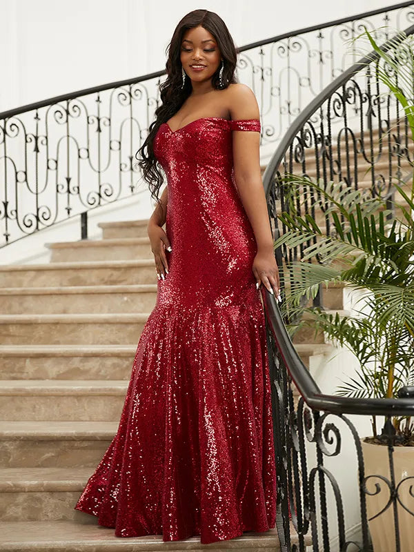 Glam Red Sequin Mermaid Sweetheart Off Shoulder Open Back Long Prom Dress