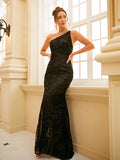 Elegant Black Lace Mermaid One Shoulder Strap Back Slit Prom Dress
