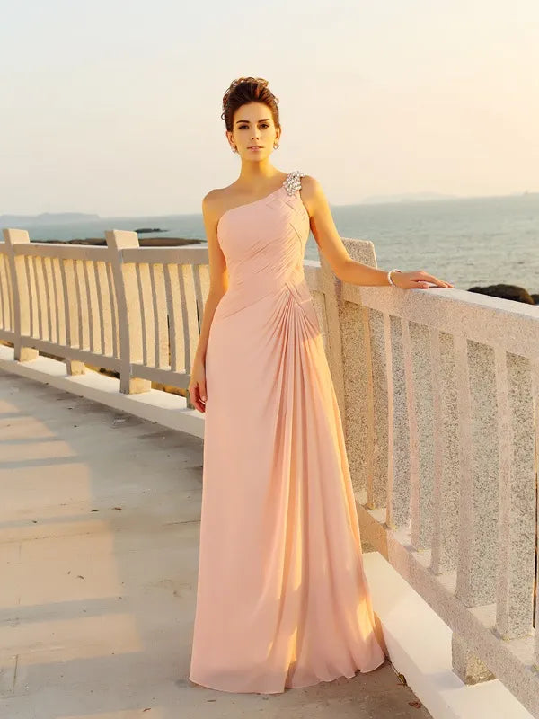Elegant Blush Chiffon A Line One Shoulder Beaded Long Bridesmaid Dress