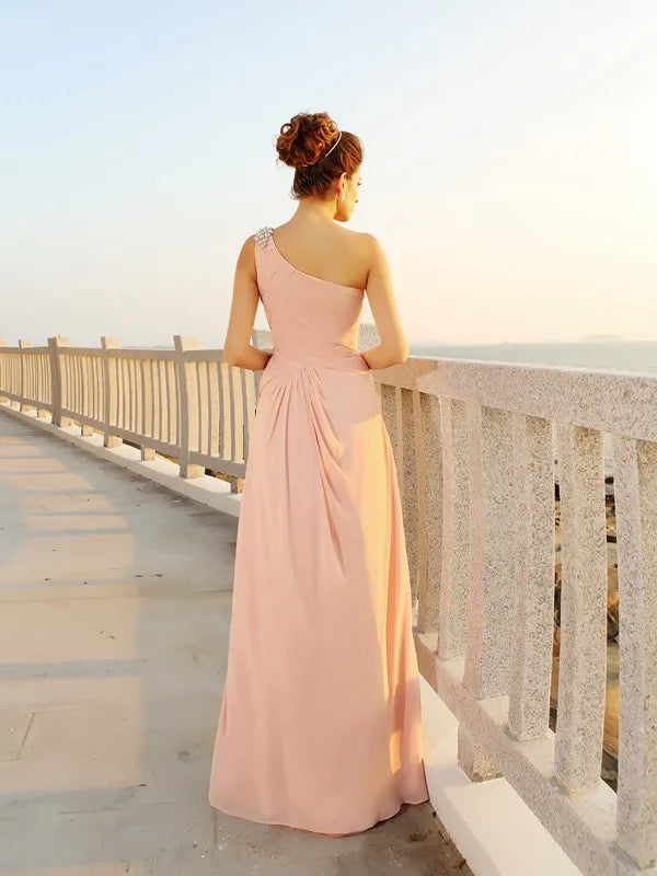 Elegant Blush Chiffon A Line One Shoulder Beaded Long Bridesmaid Dress