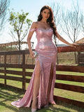 Glam Pink Sequin Mermaid Off Shoulder Sweetheart Slit Train Prom Dress