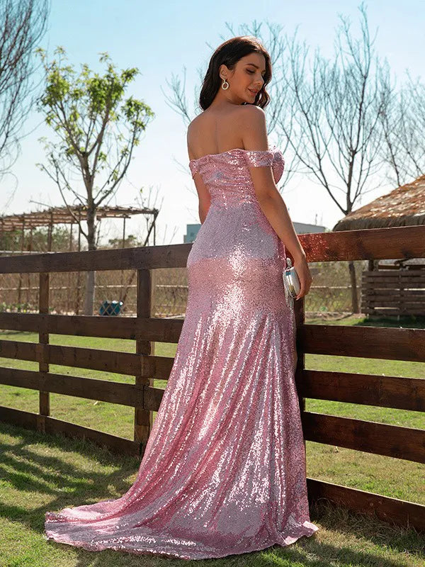 Glam Pink Sequin Mermaid Off Shoulder Sweetheart Slit Train Prom Dress