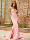 Blush Pink Satin Mermaid Halter V Neck Lace Top Open Back Train Prom Dress