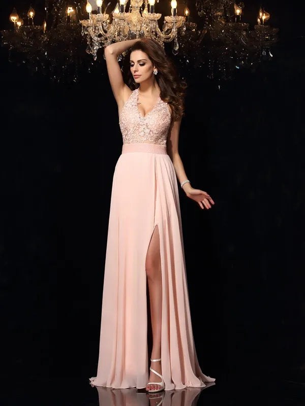 Blush Chiffon A Line Halter V Neck Lace Applique Open Back Slit Long Prom Dress