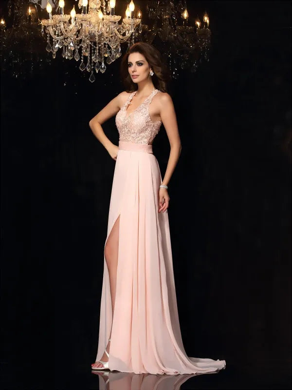 Blush Chiffon A Line Halter V Neck Lace Applique Open Back Slit Long Prom Dress
