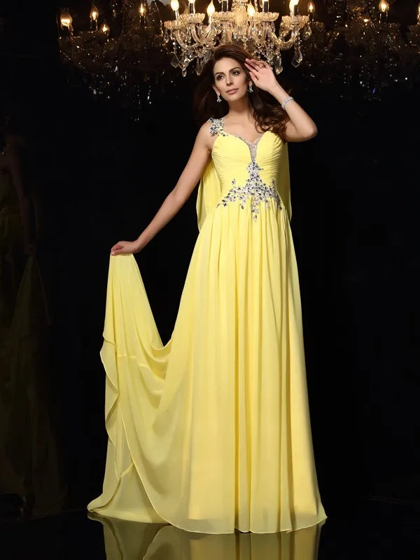 Bright Yellow Chiffon A Line V Neck Beaded Shoulder Open Back Long Prom Dress