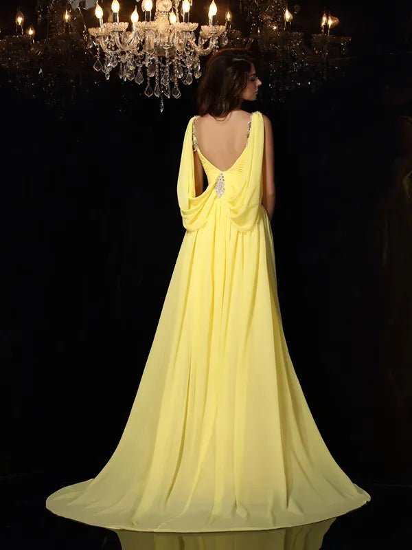 Bright Yellow Chiffon A Line V Neck Beaded Shoulder Open Back Long Prom Dress