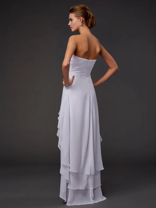 Elegant White Chiffon A-Line Sweetheart Strapless Open Back High Low Bridesmaid Dress