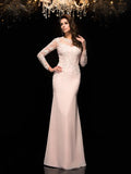 Elegant Blush Chiffon Mermaid Illusion High Neck Long Sleeve Sheer Back Mother of Bride Dress