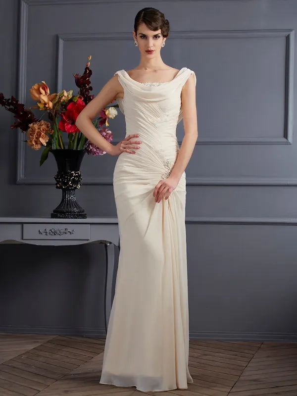 Ivory Chiffon Mermaid Cowl Neck Cap Sleeve Draped Back Long Mother of Bride Dress