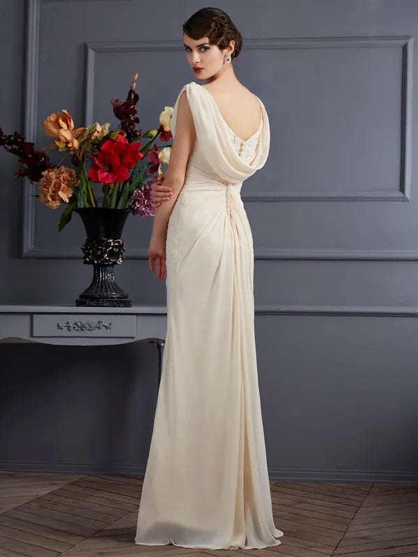 Ivory Chiffon Mermaid Cowl Neck Cap Sleeve Draped Back Long Mother of Bride Dress