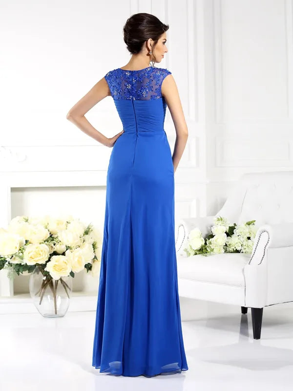 Royal Blue Chiffon A Line Jewel Neck Cap Sleeve Sheer Back Long Mother of Bride Dress