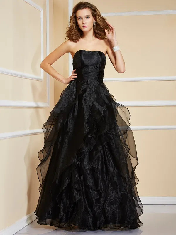 Stunning Black Organza A Line Strapless Ruched Open Back Ruffled Prom Dress