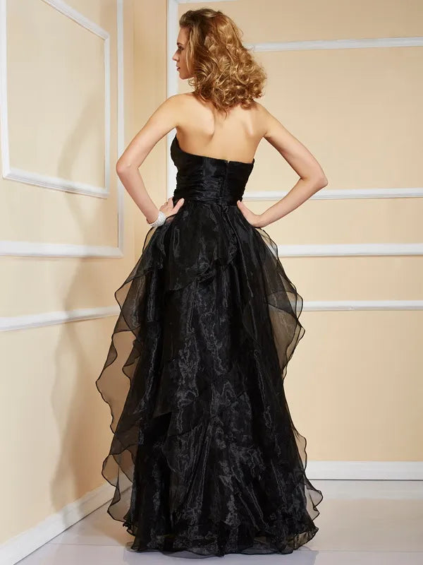 Stunning Black Organza A Line Strapless Ruched Open Back Ruffled Prom Dress
