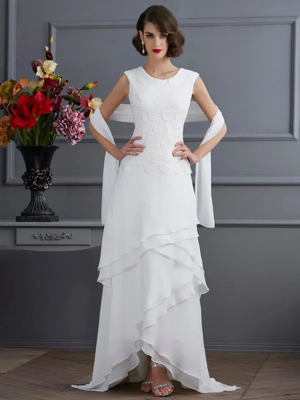 Elegant White Chiffon Lace A-Line Round Sleeveless Zip Back Mother Dress