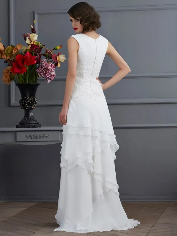 Elegant White Chiffon Lace A-Line Round Sleeveless Zip Back Mother Dress