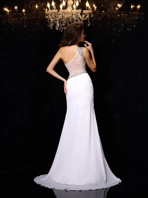 Stunning White Chiffon Mermaid One Shoulder Sheer Back Slit Prom Dress