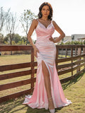 Charming Blush Satin Mermaid V Neck Spaghetti Strap Open Back Slit Prom Dress