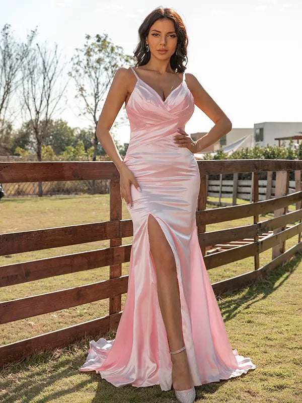 Charming Blush Satin Mermaid V Neck Spaghetti Strap Open Back Slit Prom Dress
