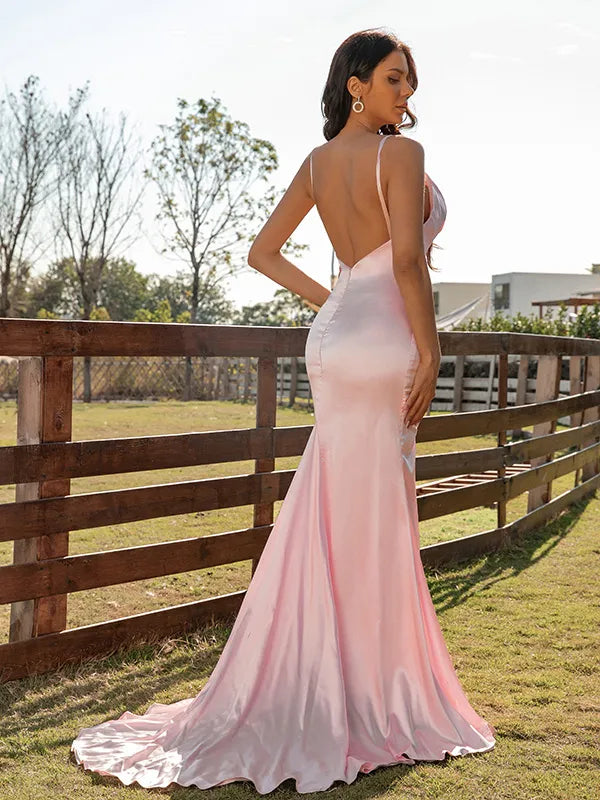 Charming Blush Satin Mermaid V Neck Spaghetti Strap Open Back Slit Prom Dress