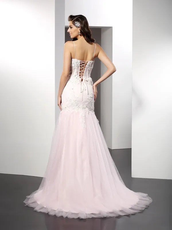 Romantic Blush Tulle Mermaid Sweetheart Spaghetti Strap Lace Up Slit Prom Dress
