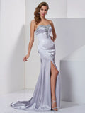 Luxury Silver Satin Mermaid Sweetheart Strapless Open Back Slit Train Prom Dress
