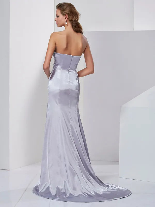 Luxury Silver Satin Mermaid Sweetheart Strapless Open Back Slit Train Prom Dress
