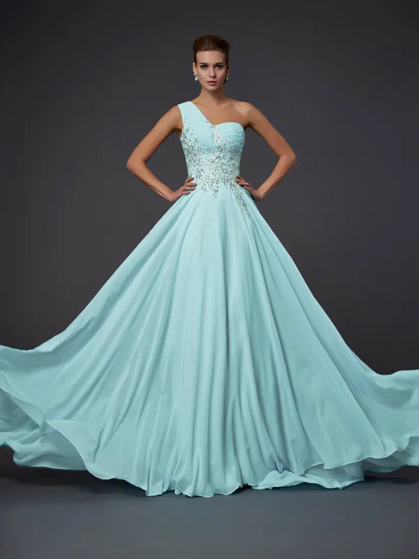 Gorgeous Mint Chiffon A Line One Shoulder Sheer Back Beaded Prom Dress