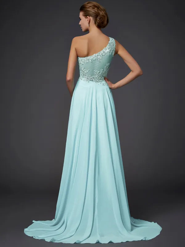 Gorgeous Mint Chiffon A Line One Shoulder Sheer Back Beaded Prom Dress