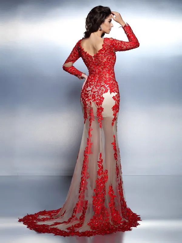 Glamorous Red Lace Mermaid V Neck Long Sleeve Low Back Prom Dress