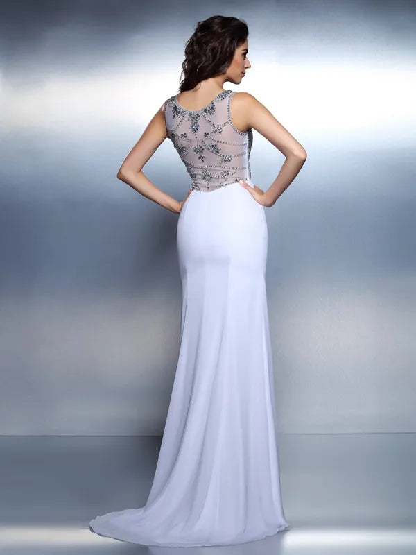 Elegant White Chiffon Mermaid Bateau Sleeveless Sheer Back Slit Prom Dress