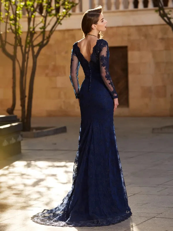 Stunning Navy Lace Mermaid V Neck Long Sleeve Low V Back Prom Dress