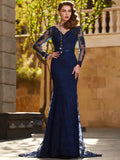 Stunning Navy Lace Mermaid V Neck Long Sleeve Low V Back Prom Dress