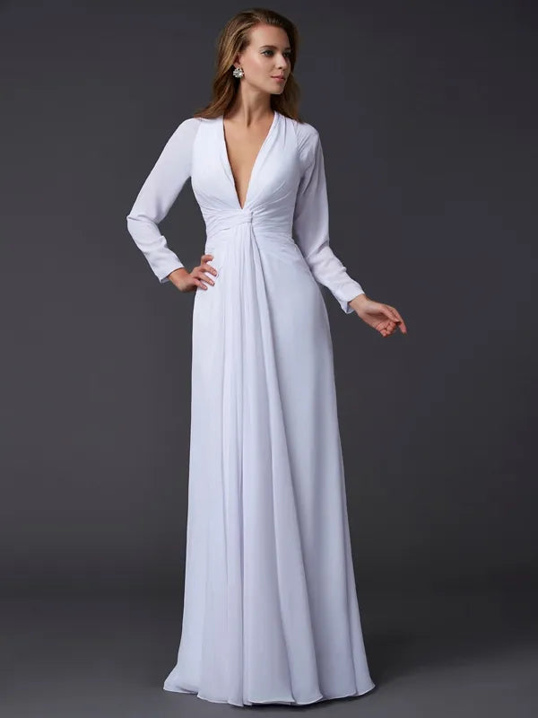 Chic White Chiffon A-line Deep V Long Sleeve Closed Back Prom Dress