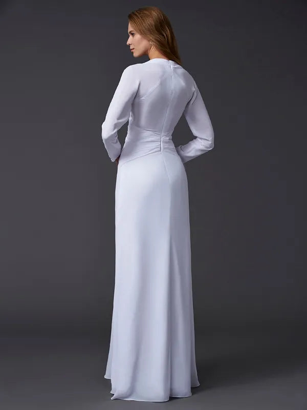 Chic White Chiffon A-line Deep V Long Sleeve Closed Back Prom Dress