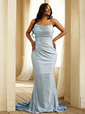 Glam Light Blue Glitter Mermaid Cowl Sling Open Back Prom Dress