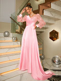 Gorgeous Pink Satin A-line V-neck Sequin Long Sleeve Zipper Back Prom Dress