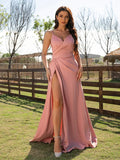 Chic Dusty Pink Satin A Line V Neck Spaghetti Strap Open Back Slit Prom Dress