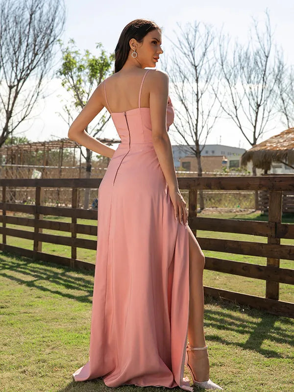 Chic Dusty Pink Satin A Line V Neck Spaghetti Strap Open Back Slit Prom Dress
