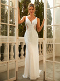 Glam White Sequin Mermaid V Neck Sleeveless Mesh Side Deep V Back Prom Dress