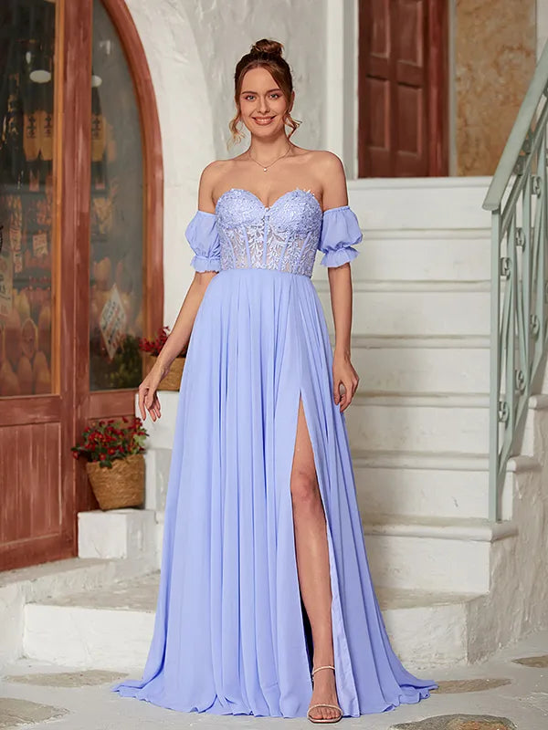 Romantic Wisteria Chiffon A Line Sweetheart Puff Sleeve Lace Corset Lace Up Back Slit Prom Dress