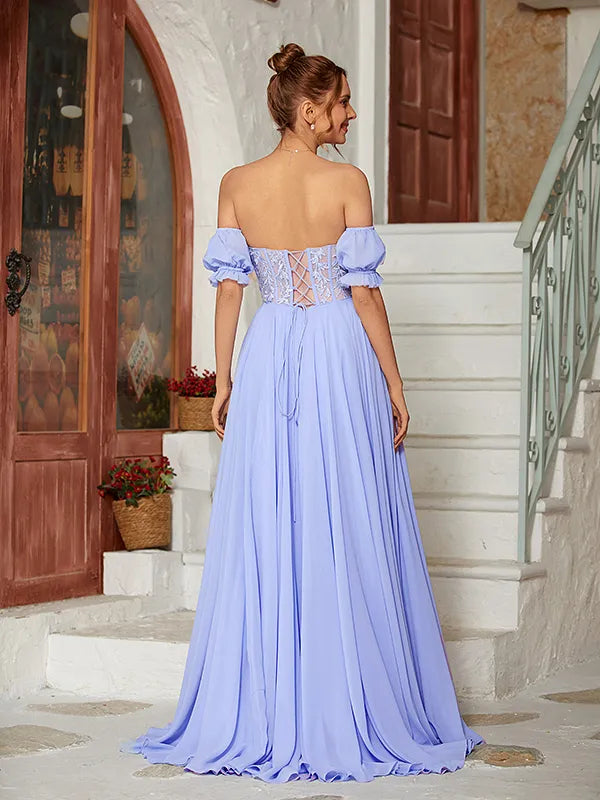 Romantic Wisteria Chiffon A Line Sweetheart Puff Sleeve Lace Corset Lace Up Back Slit Prom Dress