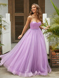 Sweet Lavender Satin Tulle A Line Sweetheart Strapless Lace Up Back Beaded Prom Dress