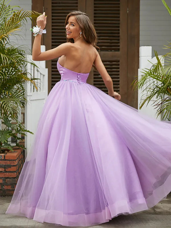 Sweet Lavender Satin Tulle A Line Sweetheart Strapless Lace Up Back Beaded Prom Dress